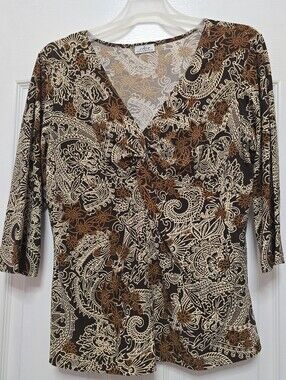 CDCU Creative Design Works Paisley V-Neck Twist Front Top - Brown/Beige, size XL